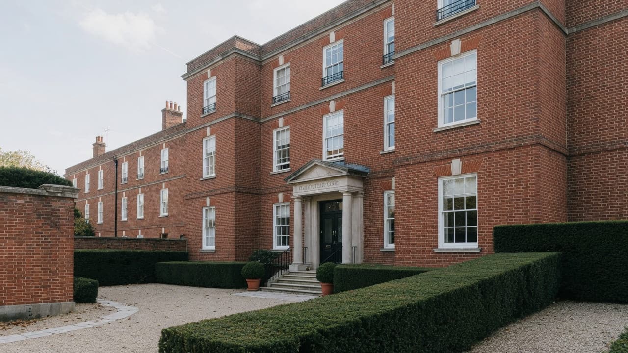Edwardian red-brick mansion block with a quiet garden court near the Hampstead office