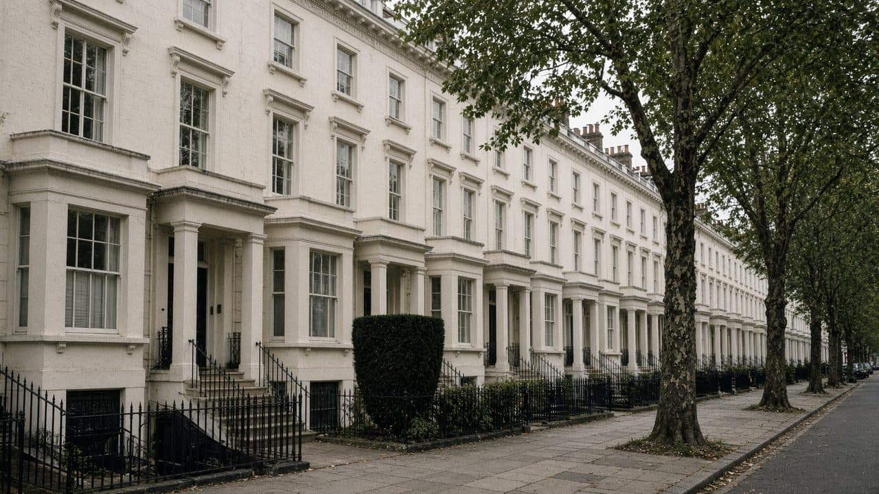 Tall cream stucco houses and clipped yew, typical of Belsize Park, NW3