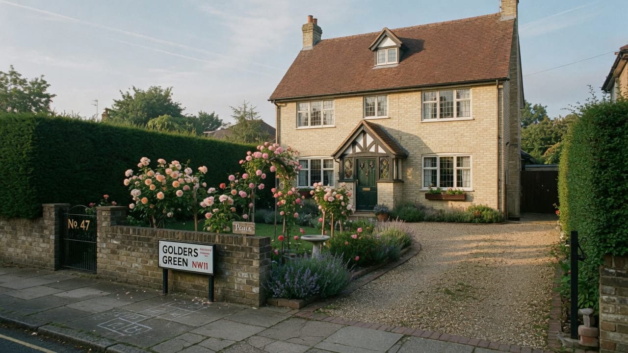 An inter-war house and rose garden, typical of Golders Green, NW11