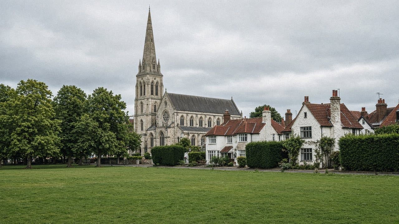 A stone church spire and Arts and Crafts houses across a green, Hampstead Garden Suburb, NW11