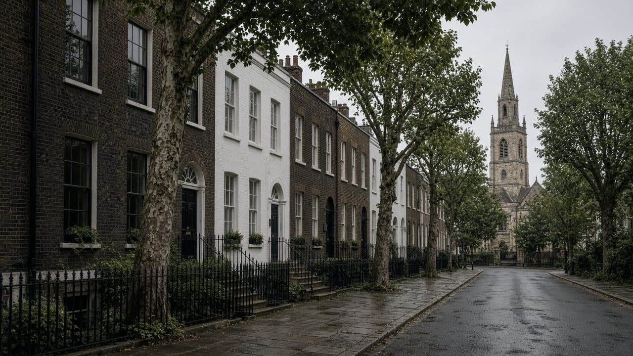 Georgian stock-brick and white houses on a wet Hampstead street, with a church spire, NW3