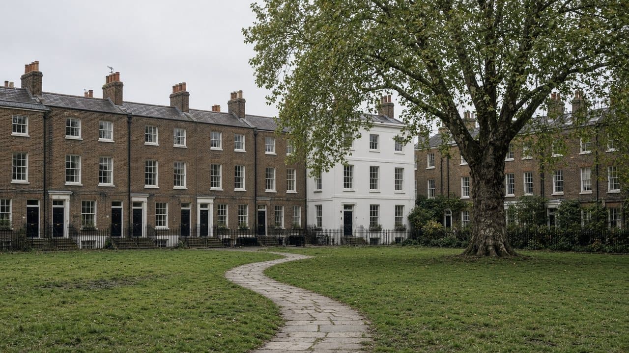 Georgian brick houses around a village green, typical of Highgate Village, N6
