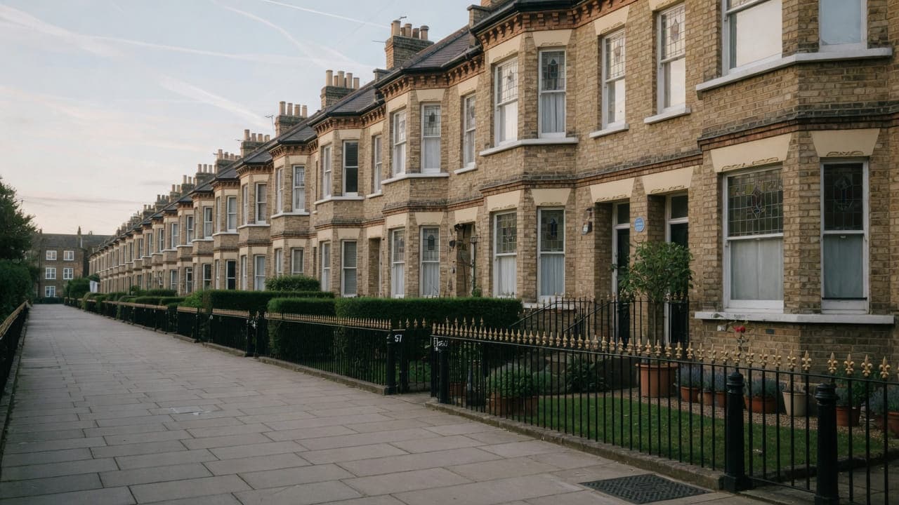 Victorian bays and an empty flagged pavement, typical of Kensal Rise, NW10