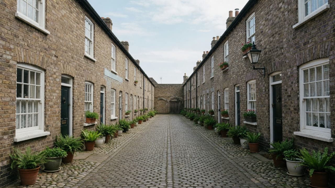 A quiet stock-brick mews, typical of Kentish Town, NW5