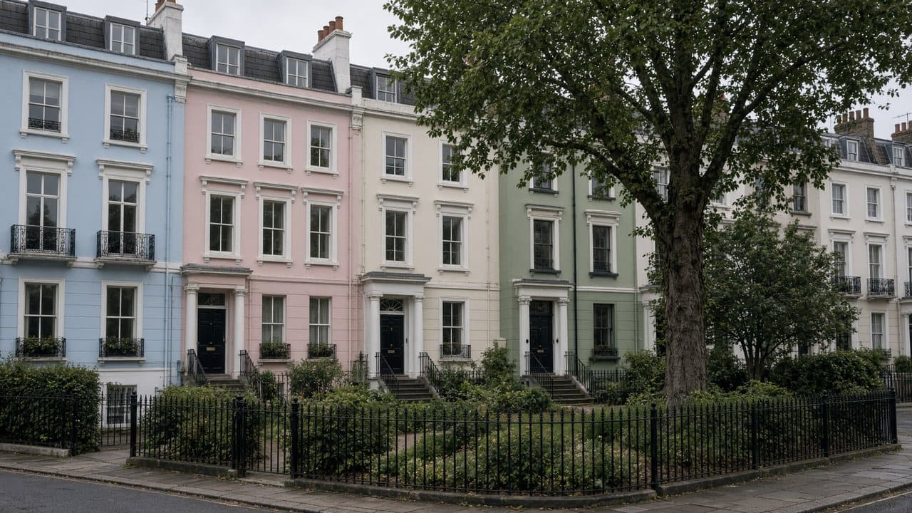 Pastel stucco houses around a railed garden square, typical of Primrose Hill, NW1