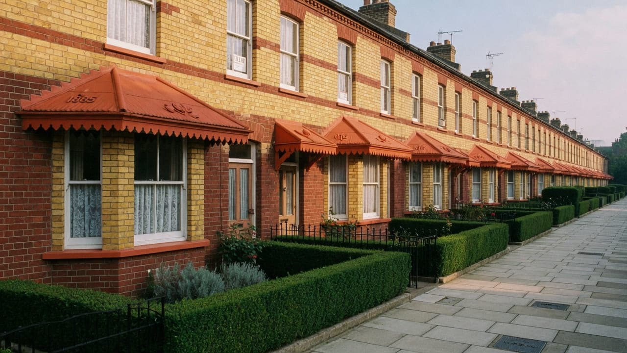 Decorative brick cottages and box gardens, typical of Queen's Park, NW6