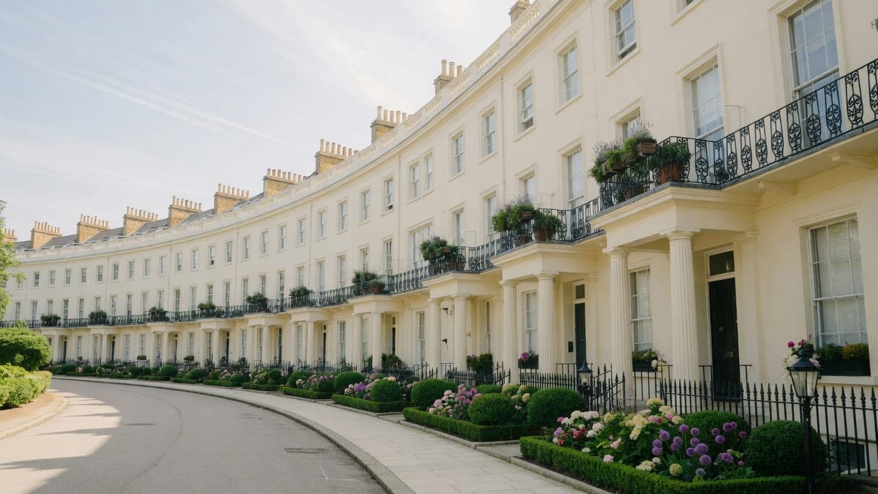 A cream stucco terrace and garden, typical of the Regent's Park fringe, NW1