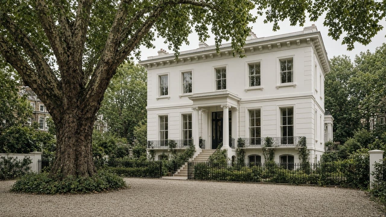 A white stucco villa and empty gravel court, typical of St John's Wood, NW8