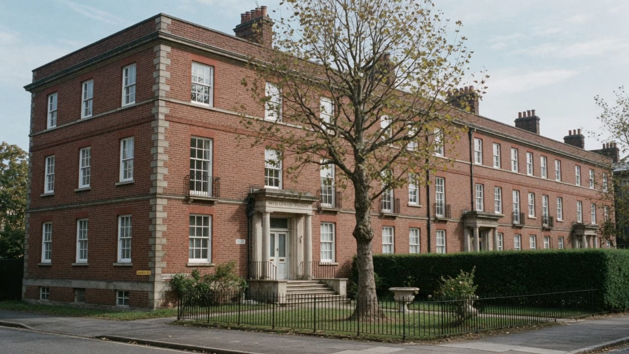 A red-brick mansion block and garden, typical of Swiss Cottage, NW3