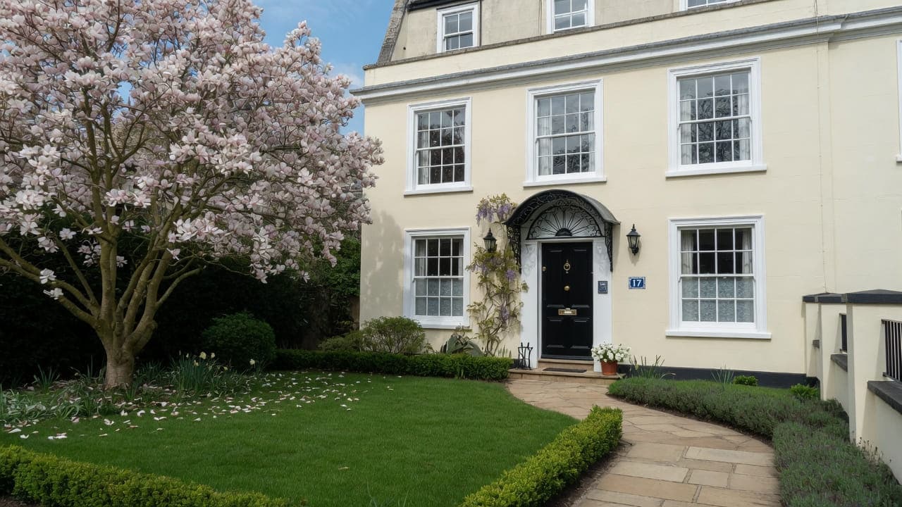 A cream-stucco Hampstead house with a magnolia, York stone path and tidy lawn