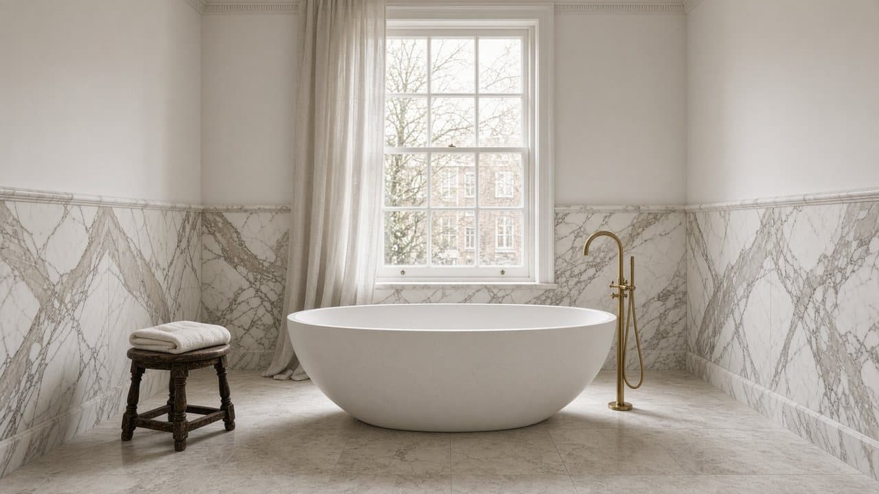 A principal bathroom — honed marble walls, a stone oval bath and a brass floor tap
