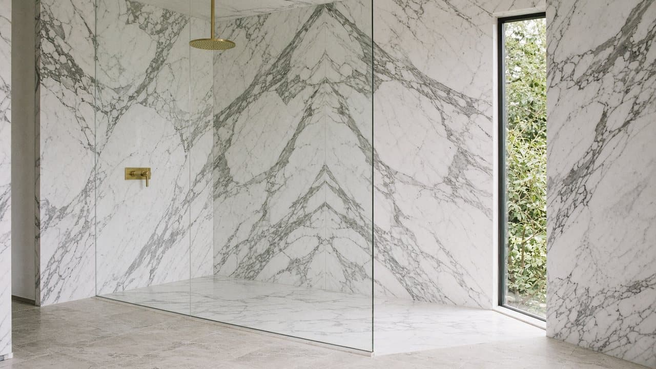 A walk-in shower lined in book-matched marble, with a brass rain head
