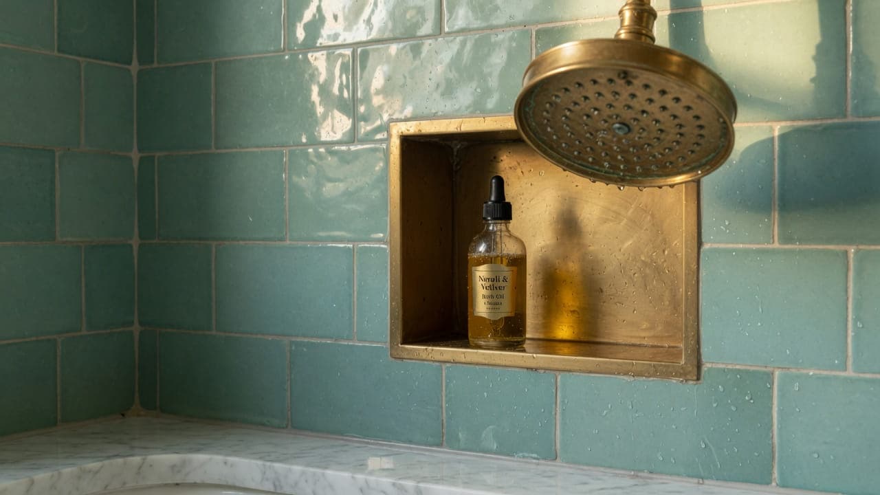 A shower wall of handmade blue-green metro tiles with a brass niche