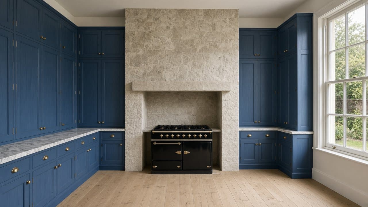 A kitchen built around a limestone chimney breast, with ink-blue cabinets and a black range