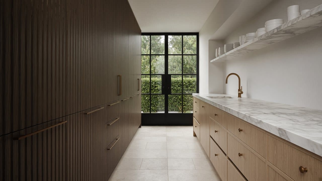 A narrow galley kitchen — fluted dark oak, Arabescato marble and Crittall garden doors