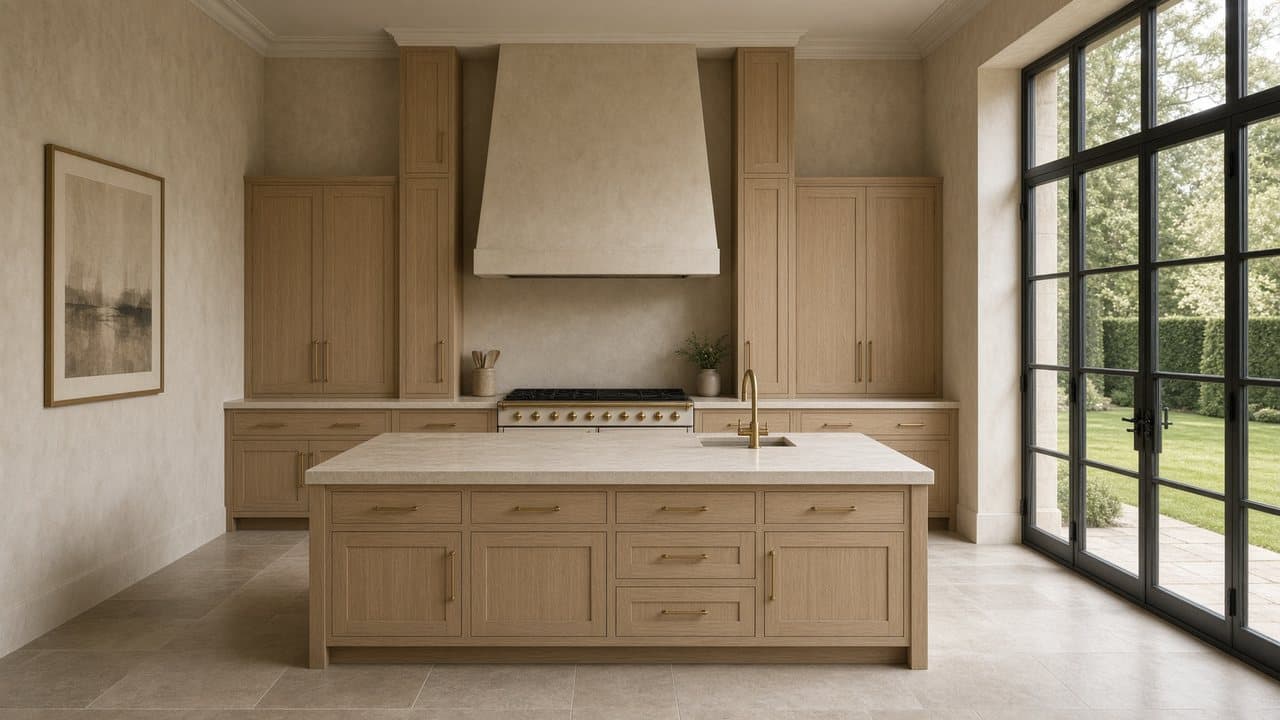 A formal oak kitchen with a limestone island, a plaster hood and steel doors to the garden