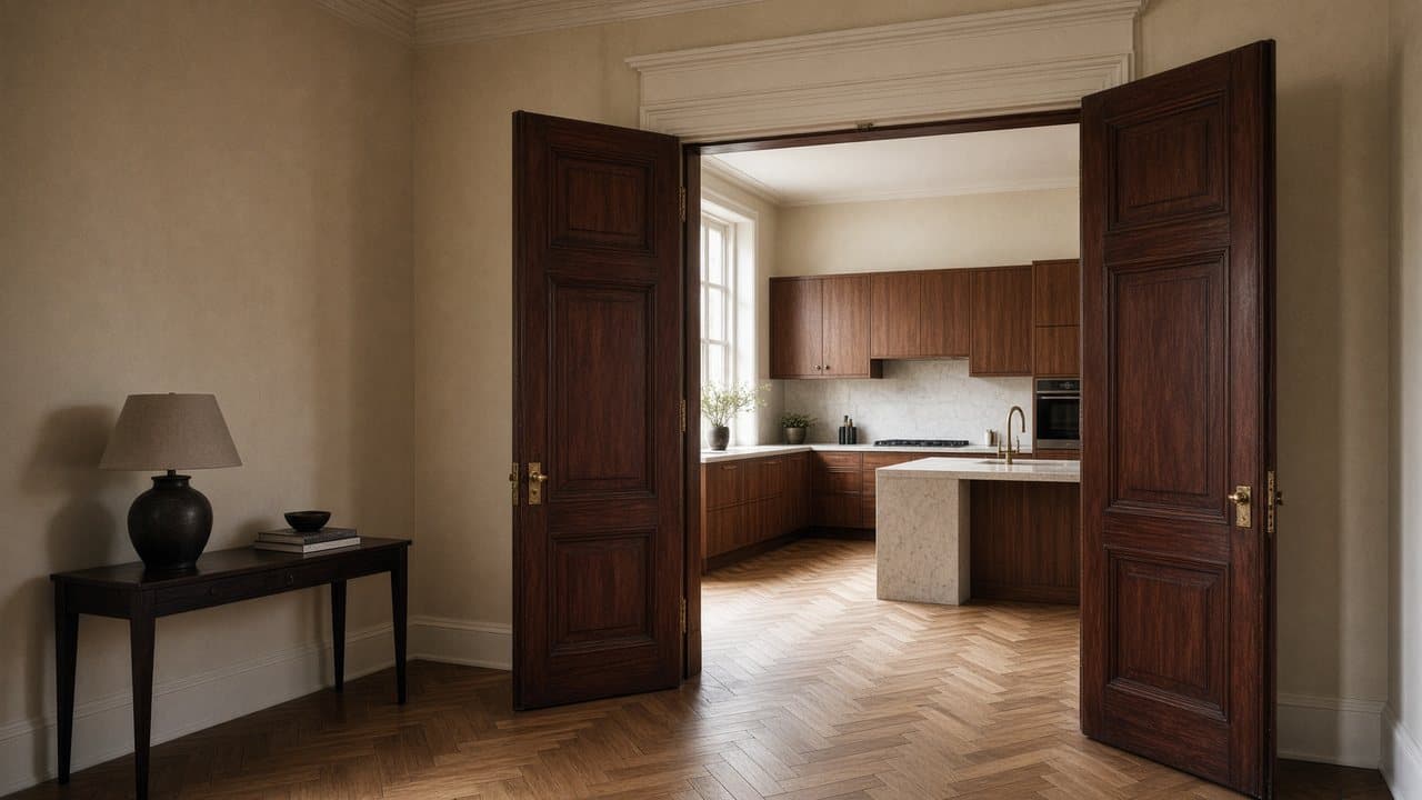 A reception opening through panelled doors into a walnut and stone kitchen