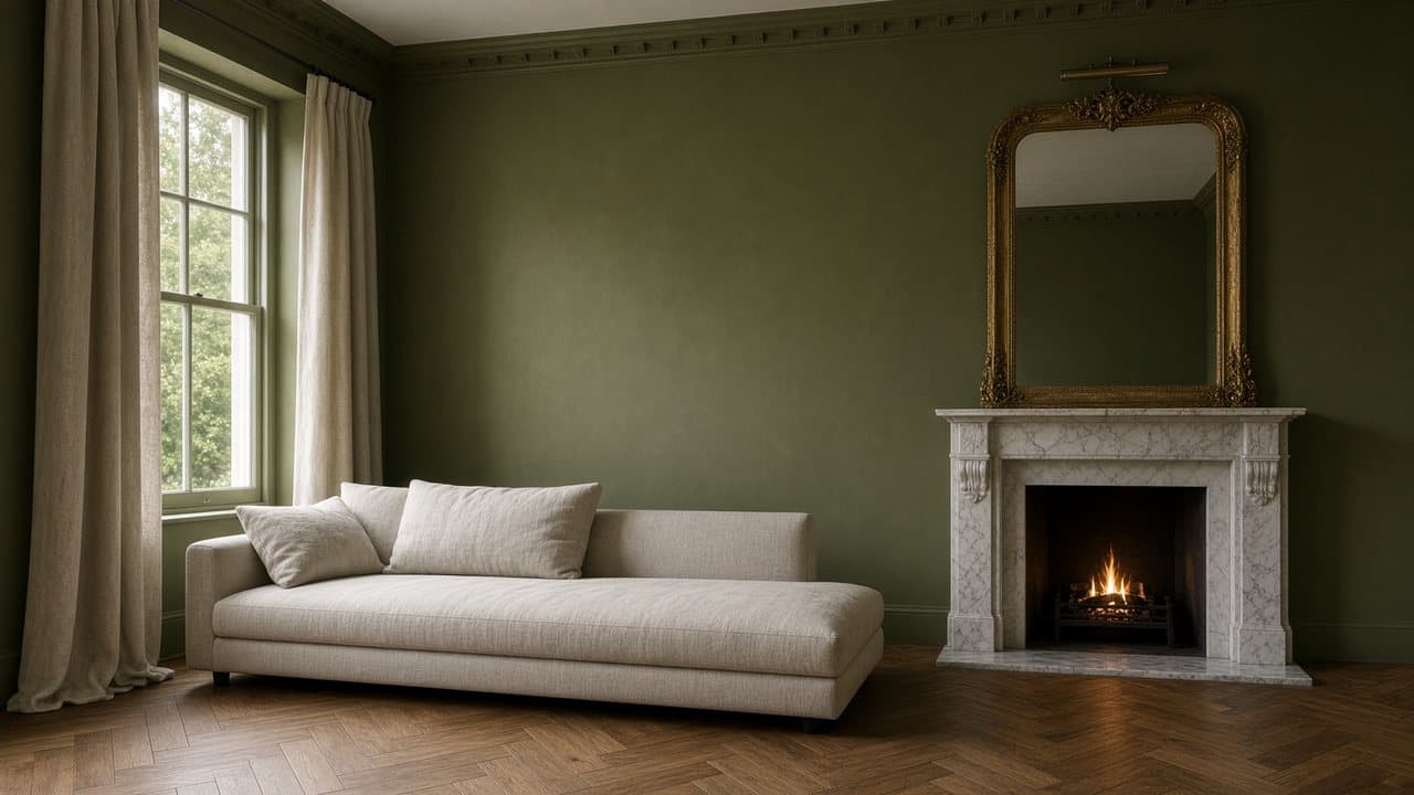 A finished Hampstead drawing room — olive walls, a gilt mirror and a marble chimneypiece