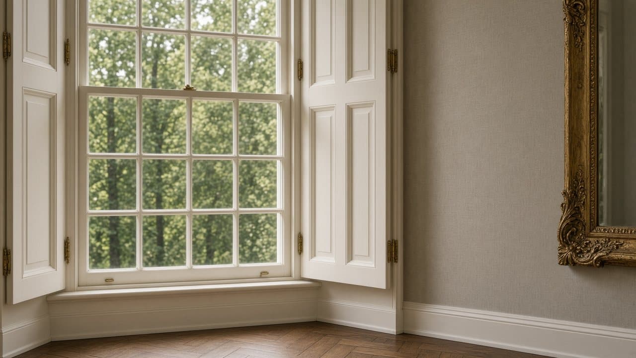 Ivory-painted sash windows and open shutters beside a gilt mirror