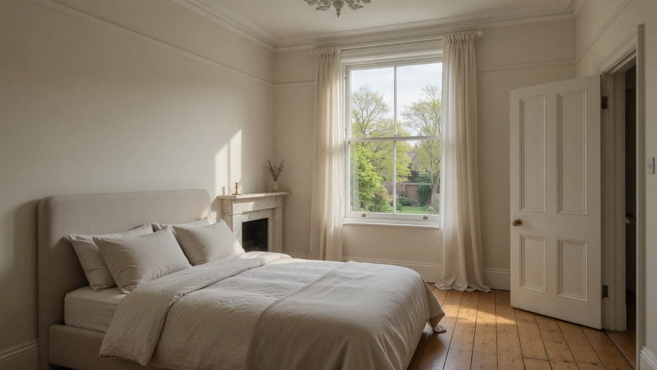 A period bedroom after light refurbishment — pale walls, original door, marble chimneypiece and sanded boards