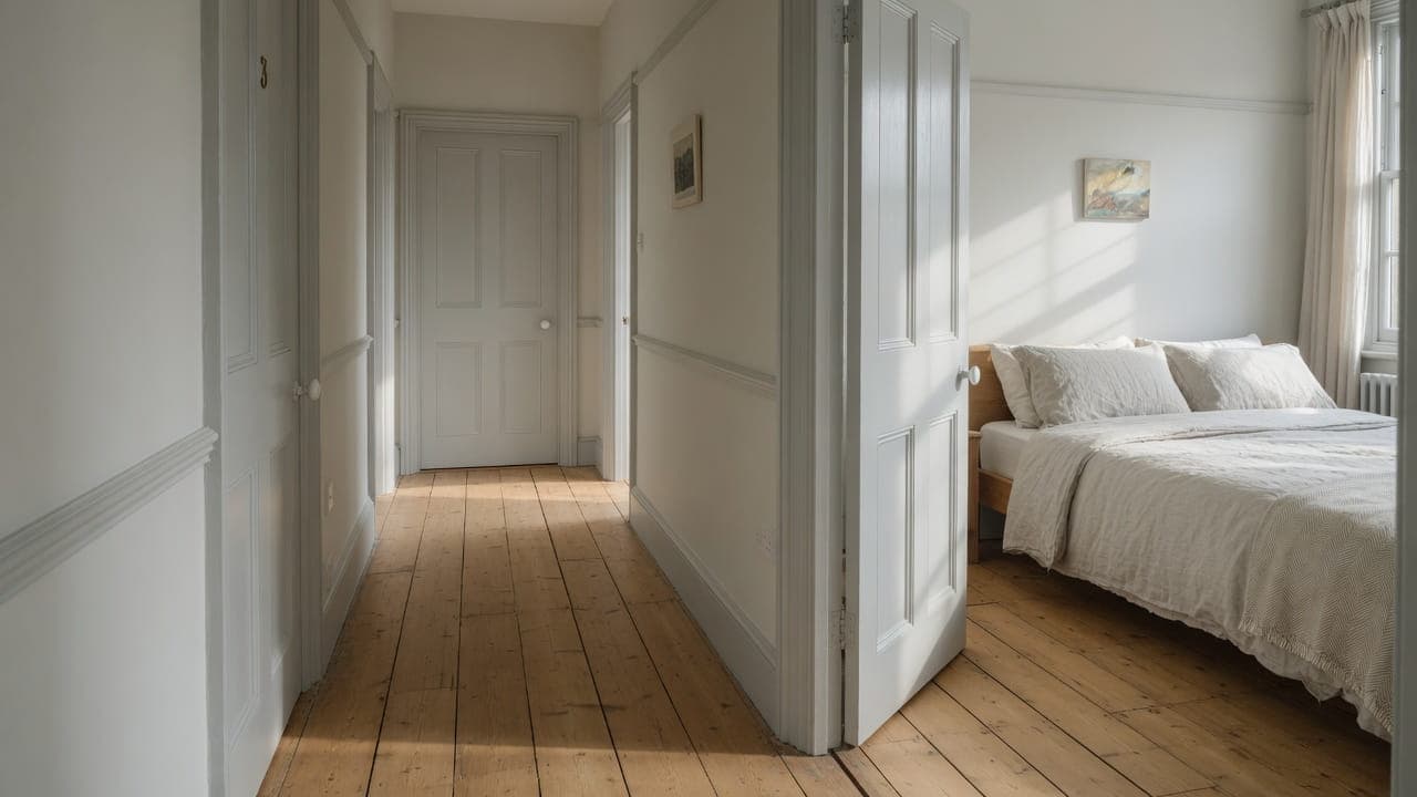 A conversion-flat hallway after light refurbishment — original doors, oak boards and a bedroom beyond