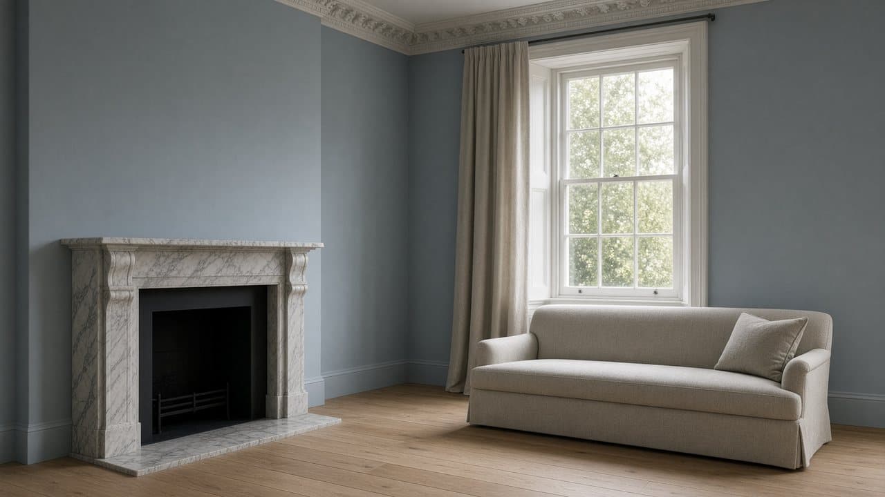 A finished sitting room — blue-grey walls, a marble chimneypiece and a tailored sofa